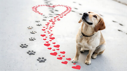 A happy labrador retriever sits looking up, its paw prints and a trail of red hearts leading...
