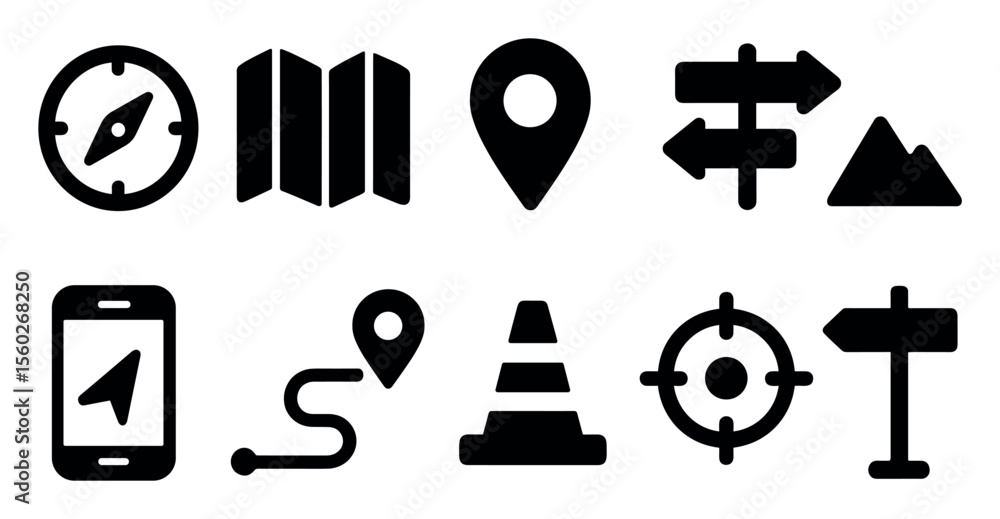 Poster navigation and travel solid icon set. directional and mapping icons collection