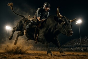 Rodeo rider competes on bull at night under stadium lights in a thrilling display of skill and bravery