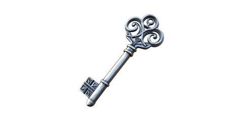 Ornate Silver Skeleton Key. Symbol Of Access And Security Isolated On Transparent Background