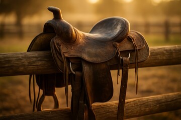 Rodeo saddle rests on a wooden rail at sunset, capturing the essence of Western culture and equestrian sports