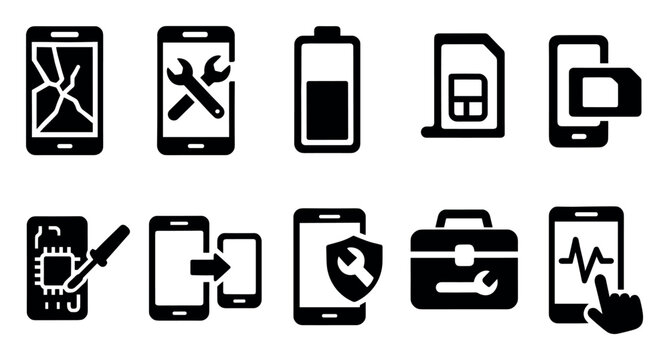 Mobile repair solid icon set. smartphone, battery, toolkit icons solid pack