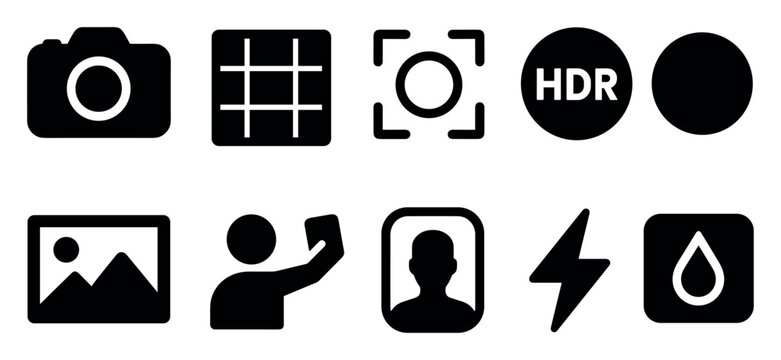 Photography, camera solid icon set. hdr, flash, selfie icons solid collection