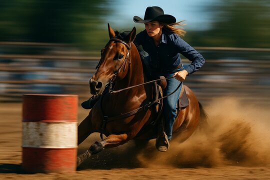 Competitor in rodeo barrels racing around obstacles during a sunny afternoon event in a large arena