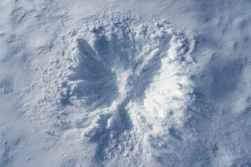 Obraz premium Top-down view of snow angel impressions on a snowy ground, capturing playful winter fun.
