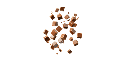 Falling Chocolate Cubes. Sweet Indulgence And Dessert Concept Isolated On Transparent Background