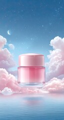 Pink cosmetic jar afloat on pastel clouds over water at night