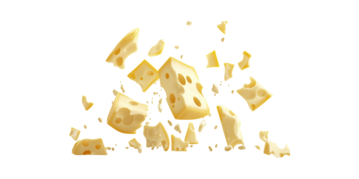 Floating Swiss Cheese Pieces. Dairy Product In Motion For Culinary And Food Design Isolated On Transparent Background