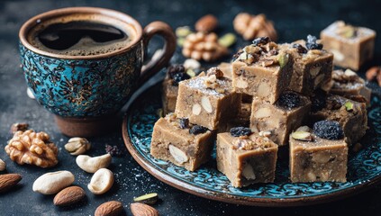 Sweet squares and coffee on a plate