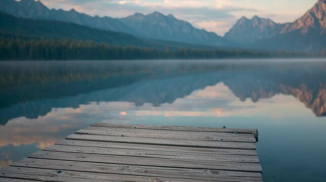 Backpack on Wooden Dock by Lake in Early Morning Light