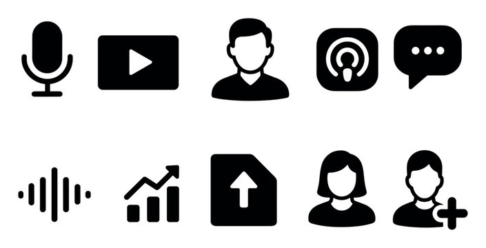 Podcast and social media solid icon set. essential communication and networking icons.
