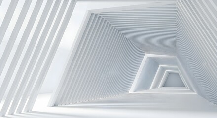 Minimalist Abstract 3D Architectural Interior with Angular Planes and Zig-Zag Structural Fins in White and Gray