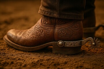 Classic cowboy boot with intricate design and spur set against a dusty rodeo arena background highlighting the spirit of western culture