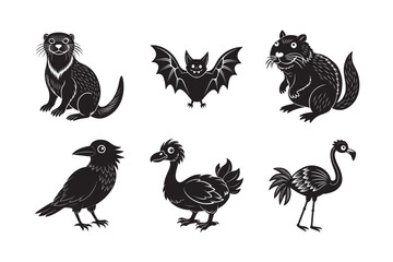 silhouette of black funny animal rat, crow ,bat, and others animal set bundle on the white background  
