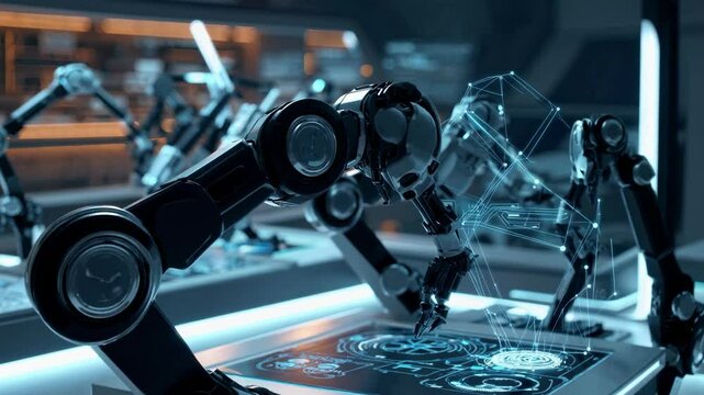 Robotic arms showcase precision and agility while working on complex projects in a high-tech laboratory. The atmosphere is filled with bright lights and advanced technology