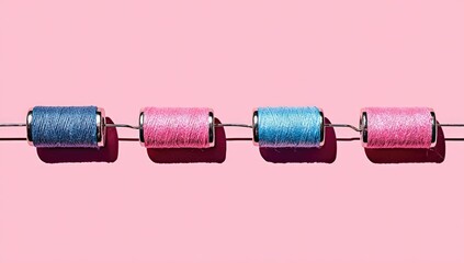 Thread spools in a row on a pink surface