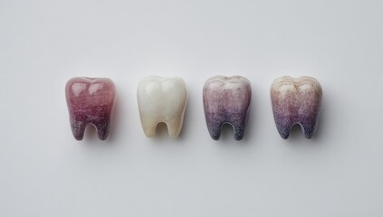 Four stylized tooth carvings in varying shades
