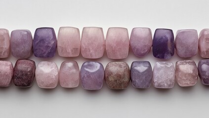 Row of faceted, textured beads in a gradient of pink and purple