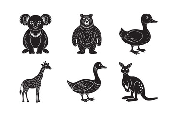 Naklejka premium silhouette of black funny animal panda ,duck, giraffe, kangaroo set bundle on the white background 