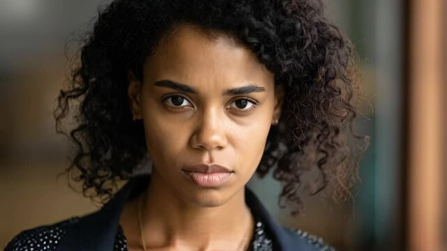 Close-up portrait of a young woman with curly black hair looking directly at the camera with a serious, neutral expression