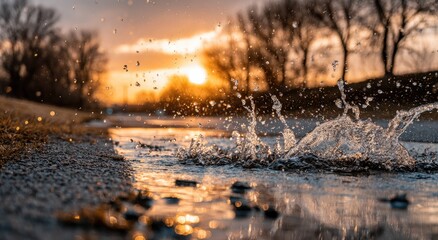 Splashing water at sunset