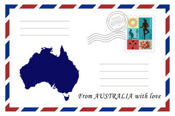 Postcard with australian map and ethnic elements. From Australia with love. Vector illustration