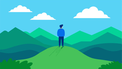 Fototapeta premium A person standing on top of a mountain looking out at a landscape of clear blue skies and green rolling hills symbolizing the sense of achievement and clarity that comes with. Vector illustration