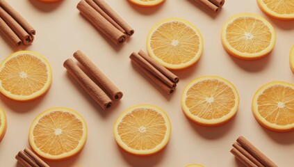 Orange slices and cinnamon sticks arranged in a repeating pattern on a beige background