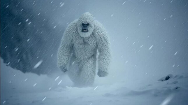 yeti abominable snowman walking through snow landscape	