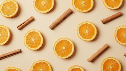Orange slices and cinnamon sticks arranged in a repeating pattern on a beige background (1)