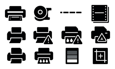 Obraz premium Printing, office silhouette icon set. paper, printer supplies icon collection