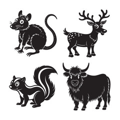 silhouette of black funny animal reindeer, rat, yak, set bundle on the white background  