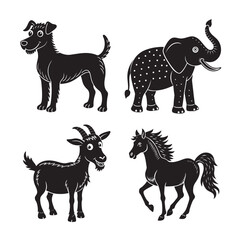 silhouette of black funny animal dog, elephant, goat, and horse set bundle on the white background  