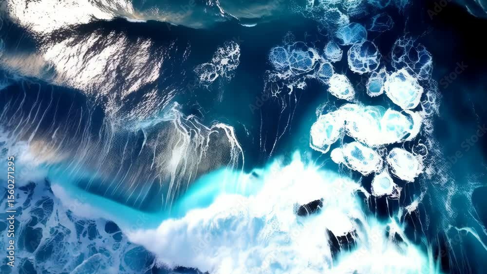 Poster aerial ocean view showcasing white frothy sea foam waves moving across the dark blue water surface, 