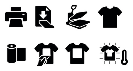Printing, apparel solid icon set. transfer, t-shirt, heat press, textile icons collection