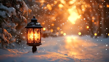 Winter lantern in snowy forest at sunset