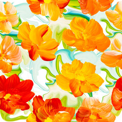 Seamless pattern of abstract red and yellow flowers, original hand drawn, impressionism style, color texture, brush strokes of paint