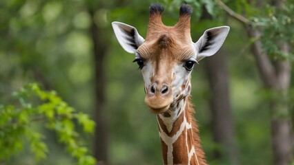 Obraz premium Closeup portrait of a curious giraffe peering from behind green leaves in a forest setting