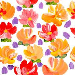 Seamless pattern of abstract red and orange flowers, original hand drawn, impressionism style, color texture, brush strokes of paint, white background.