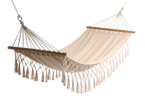 Serene Hammock: An inviting hammock with fringe, peacefully suspended, ready for leisure and relaxation.