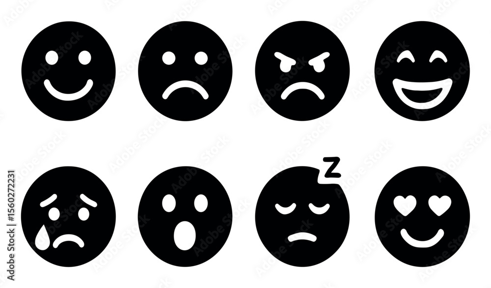 Poster emoji solid icon set. expression, emotion icons in simple solid style