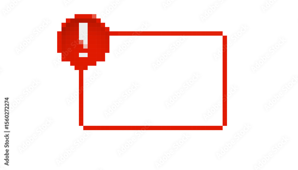 Poster pixel art icon featuring a red alert frame with an exclamation mark, designed in retro 8 bit style.