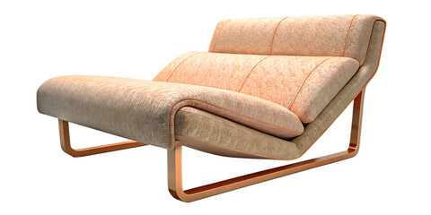 A stylish beige lounge chair with copper legs, isolated on transparent background, adds a touch of...