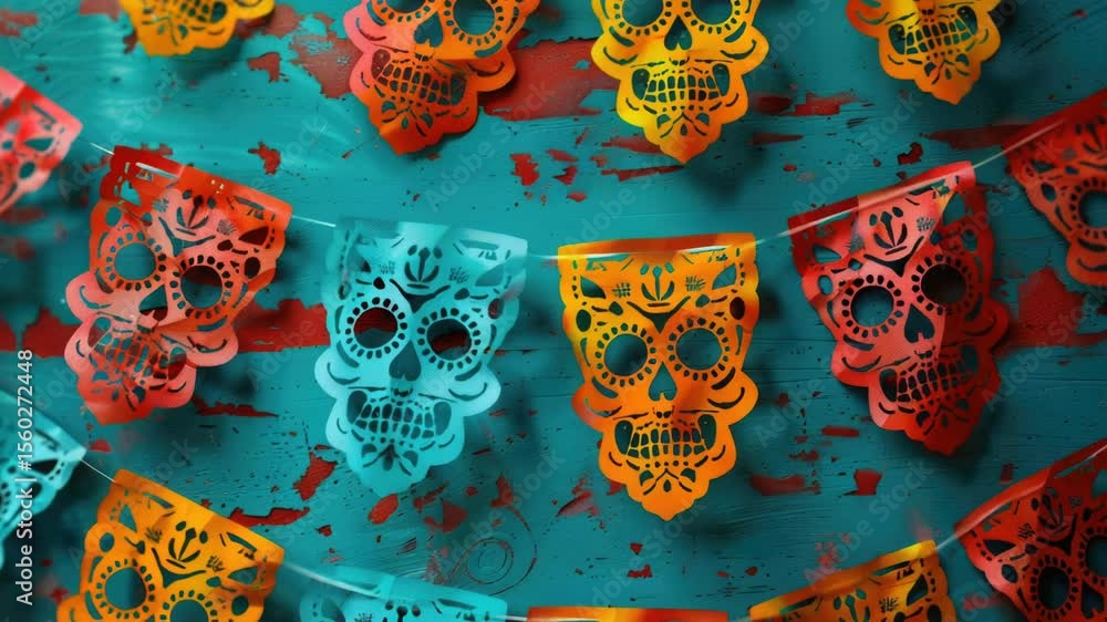Aufkleber a colorful garland with sugar skulls hanging from a string
