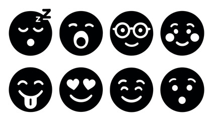 Fototapeta premium Emoticon solid icon set. expressions, moods, black circle emoji icons collection