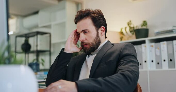 Headache, tired and business man with stress, burnout or exhausted with overwork on computer. Migraine, fatigue and sick corporate employee with pain, sleepy and brain fog with pressure in office