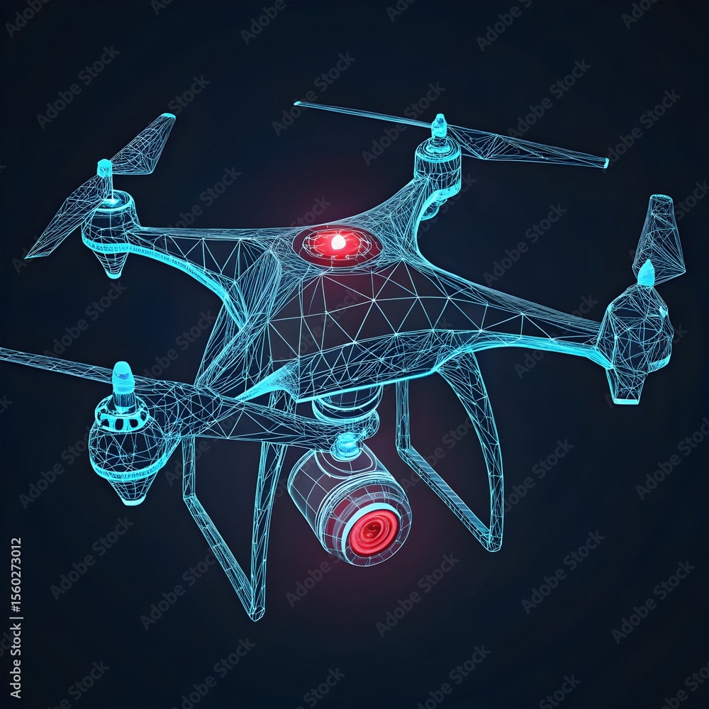 Fototapete minimalist sci-fi wireframe of a tech drone, blue neon outlines highlighting sleek contours and futu