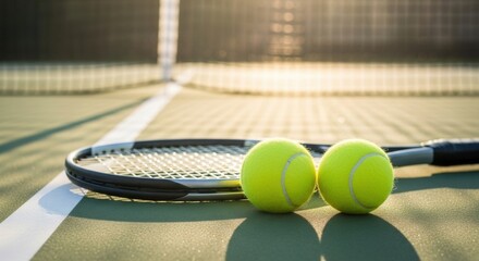 Two tennis balls and a racket on a green hard court, with the warm golden light of a setting sun creating long shadows.