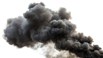 A dramatic image of a large, dark, isolated smoke cloud billowing against a white background, isolated on transparent background