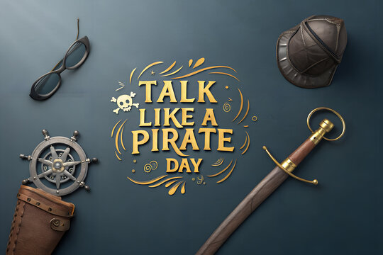 Talk Like a Pirate Day flat lay with a sword, ship's helm, and vintage accessories. A fun holiday concept on a dark background generative ai